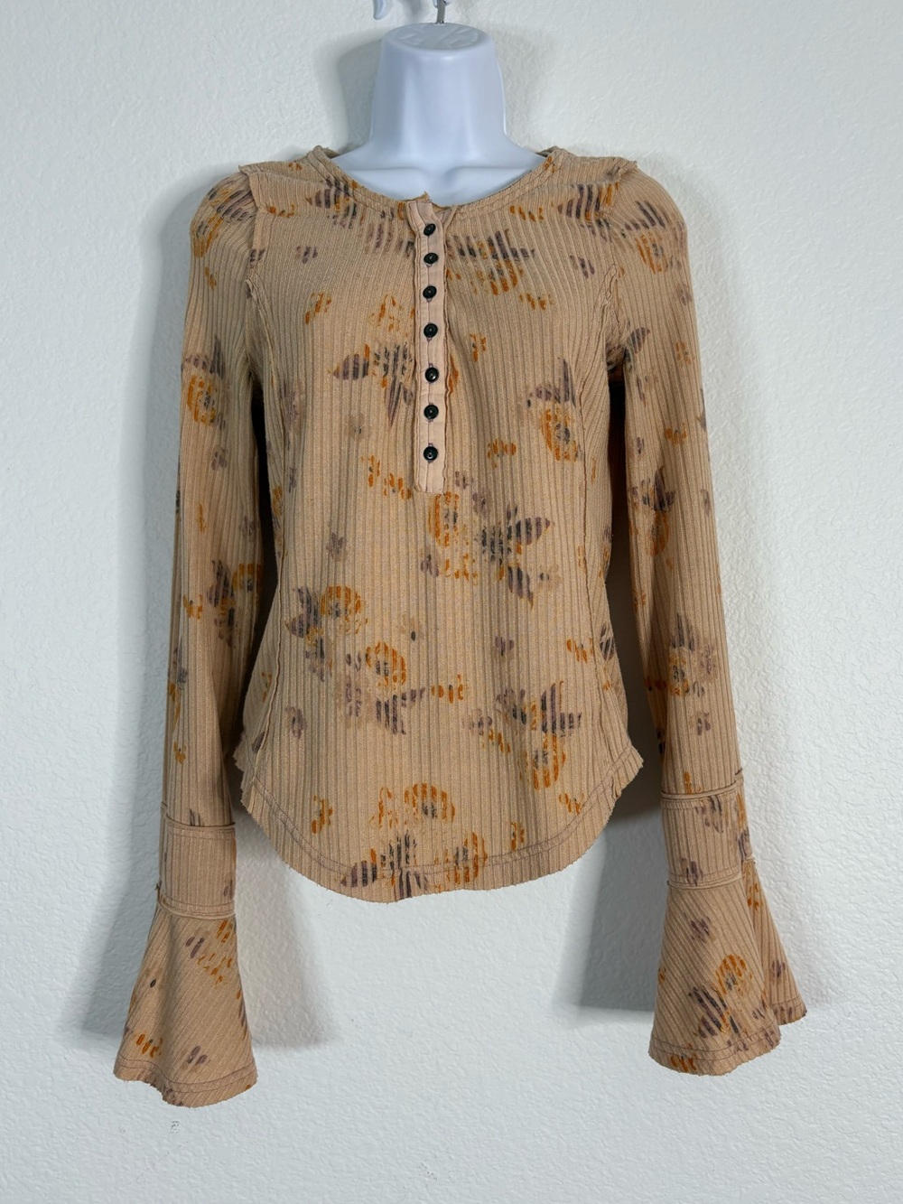 Free People Layer Me Long Sleeve Ribbed Henley Floral Medium Peach Boho